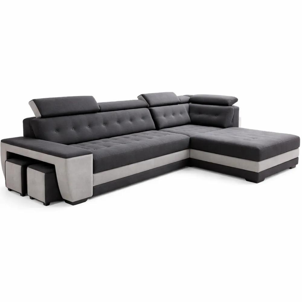 Divano angolare letto nero e grigio con pouf e cassetto