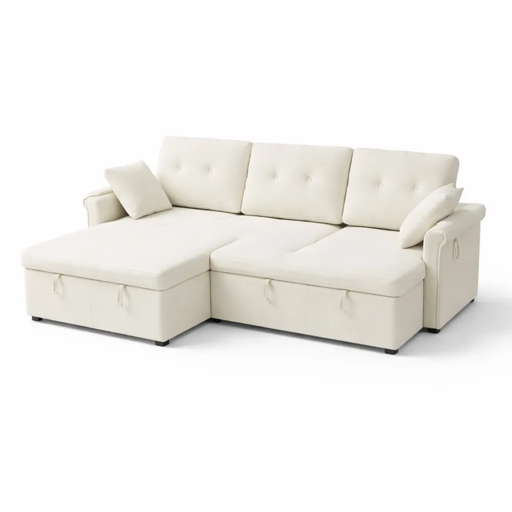 Divano angolare in velluto con funzione letto e vano portaoggetti