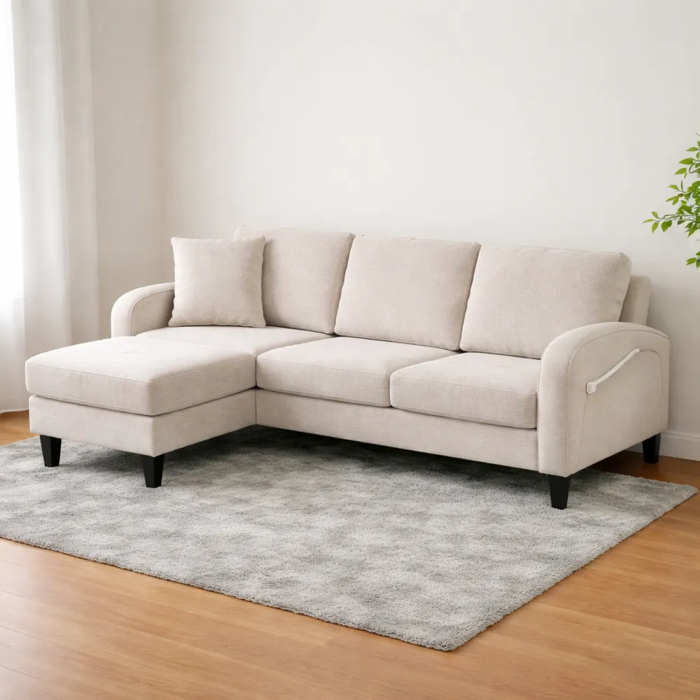 Divano modulare a forma di L con chaise longue, 3 posti, tessuto in lino di cotone