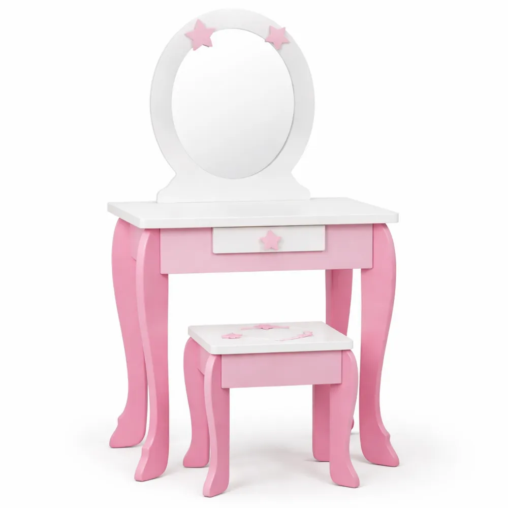 Tavolo da Toeletta Bambina con Specchio e Sgabello, Cassetto per Camera da Letto e Soggiorno, Stile Principessa Rosa