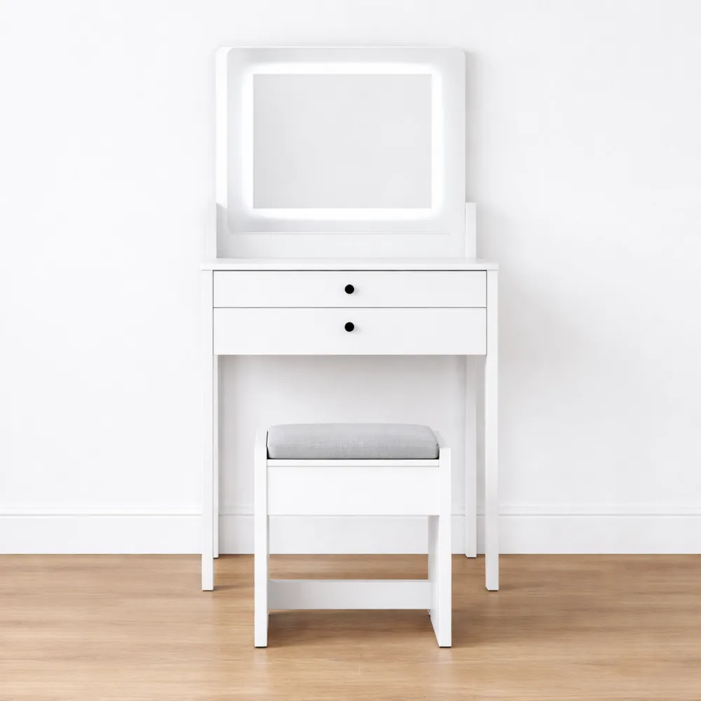 Toeletta Trucco con Luci LED e Sgabello, 3 Modalità di Illuminazione, Luminosità Regolabile, Tavolo in Vetro Temperato, Presa Integrata e 2 Cassetti