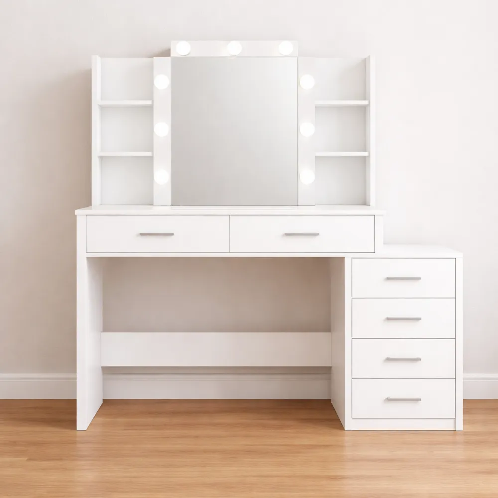 Toeletta Trucco con Specchio LED, Luminosità Regolabile, 6 Cassetti e 4 Ripiani