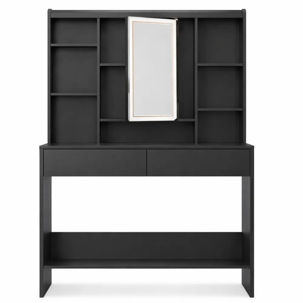 Toeletta con Specchio e Luci LED Regolabili, Tavolo da Trucco con Ripiani e 2 Cassetti, Nero