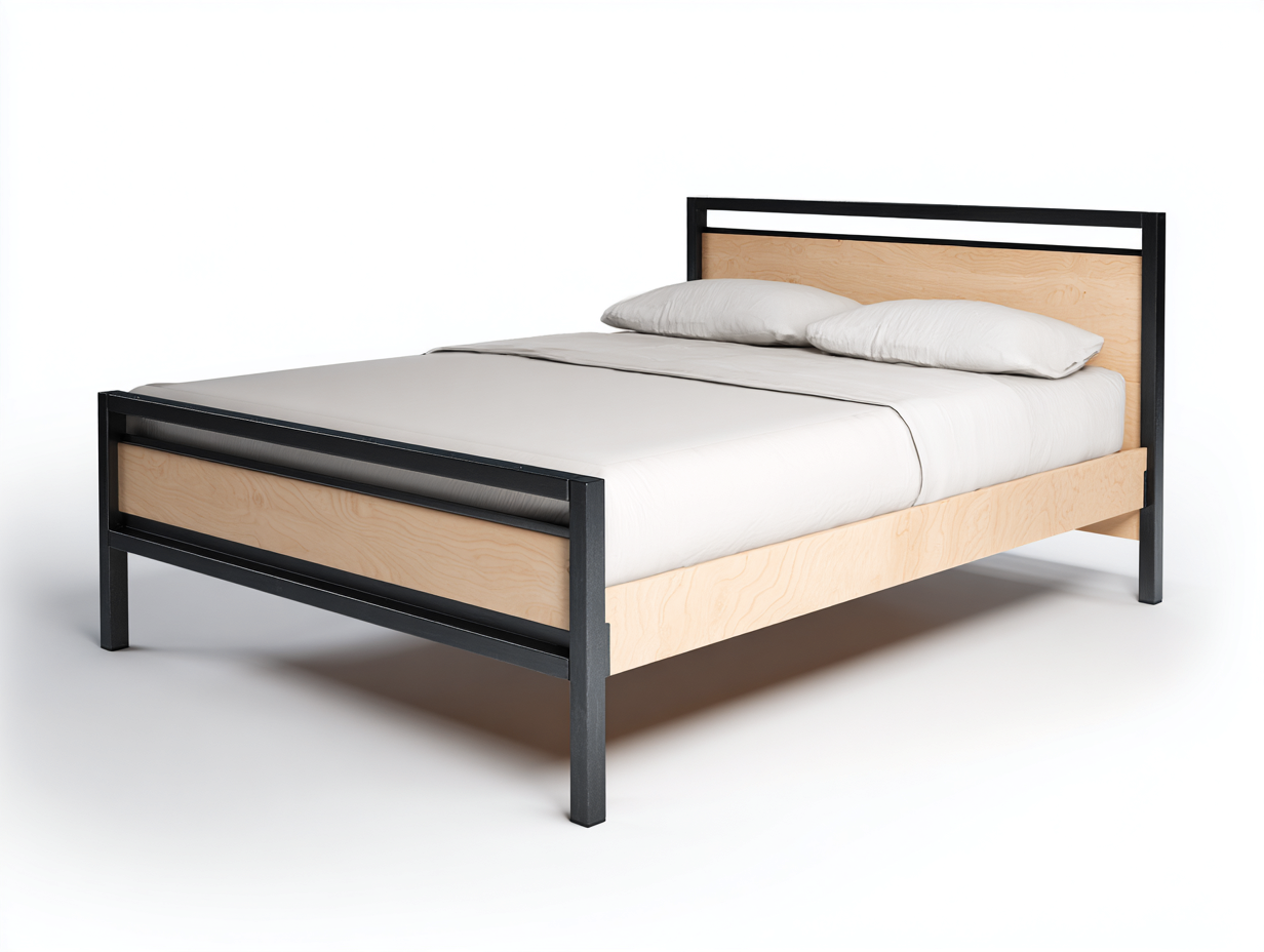 Lit double métal et bois 212x168x102 cm - noir/bois clair - style industriel pour chambre