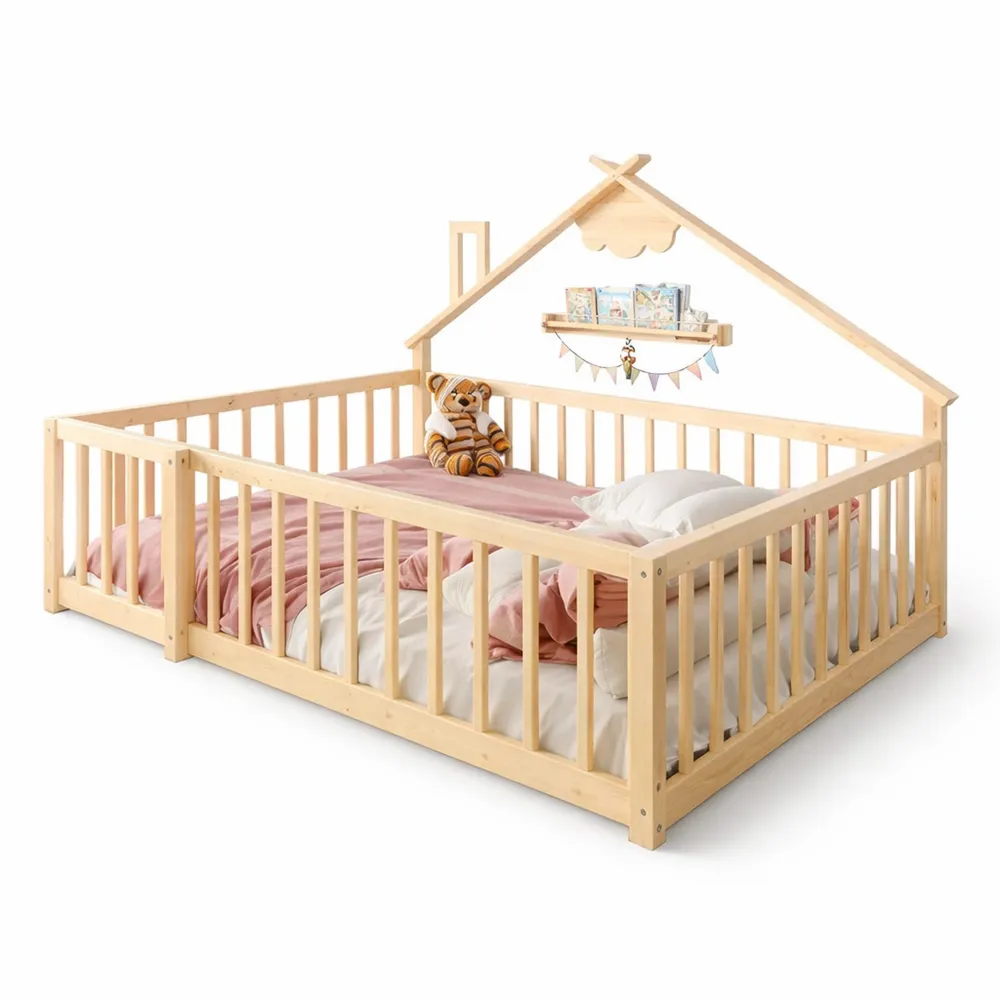 Lit Enfant 140x190cm avec Barrière et Serrure, Sommier à Lattes, Cadre en Bois