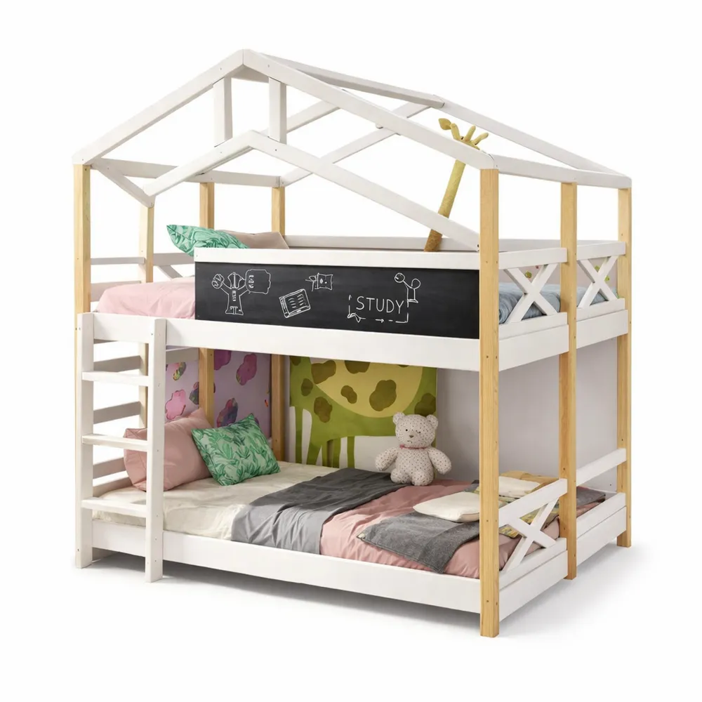 Lit superposé cabane pour enfants 90x200 avec protection contre les chutes et rangement, naturel et blanc