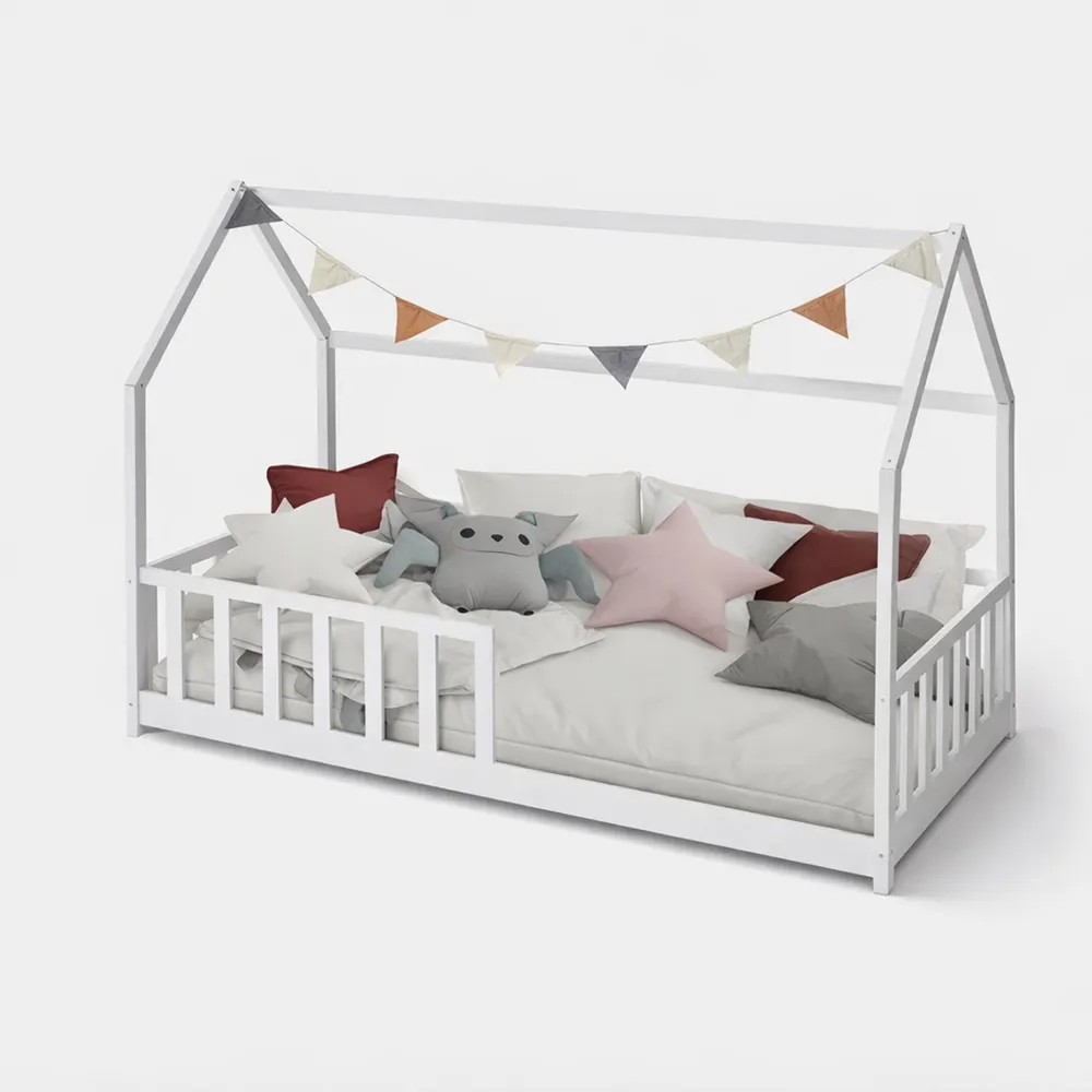 Lit en forme de cabane 90x190 cm avec sommier et barrière - Blanc