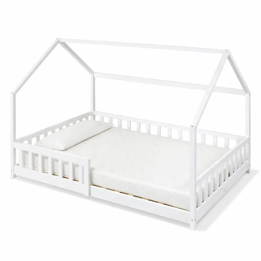 Lit simple cabane avec barrière protectrice et sommier à lattes, 120 x 200 cm, blanc