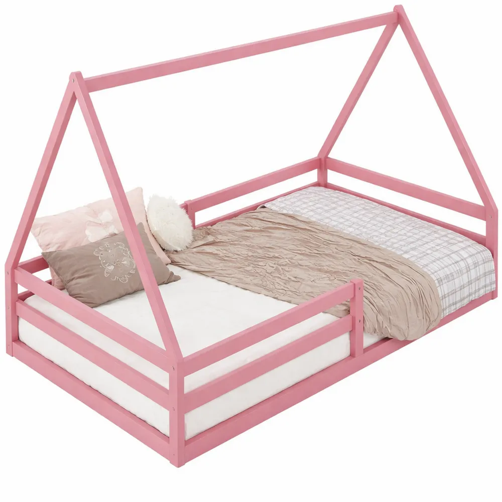 Lit pour enfant de type Montessori en pin massif, rose, 90x190 cm