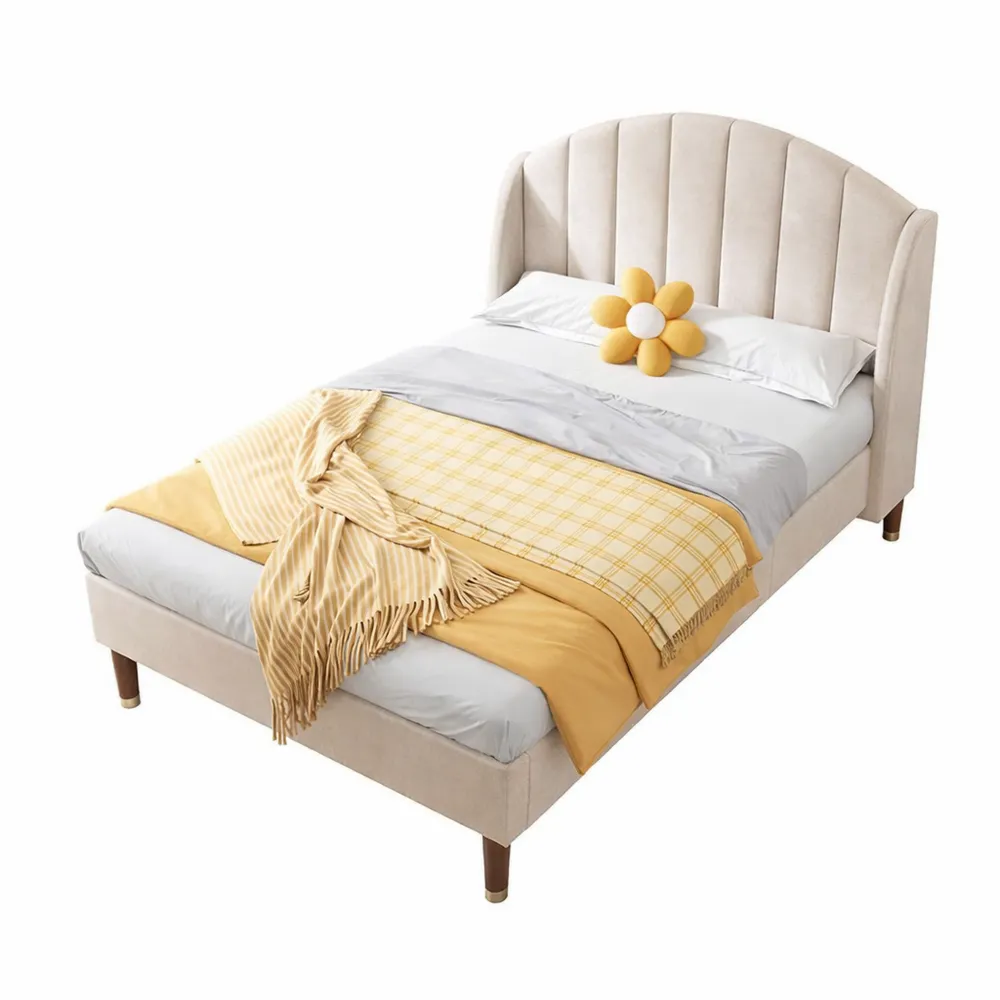 Lit Simple 90x200 cm en Velours Rayé Beige pour Enfant