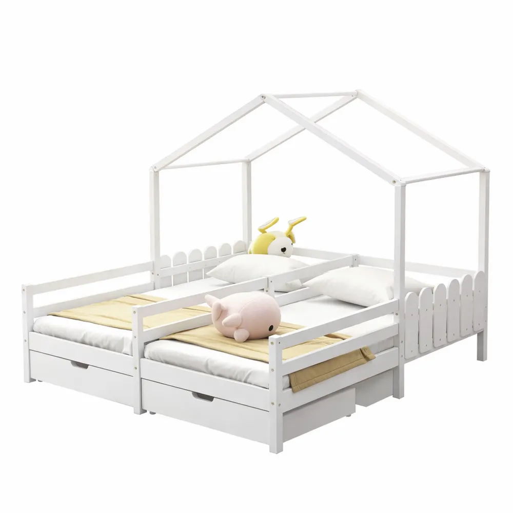 Lit superposé multifonctionnel avec tiroirs, protection anti-chute et sommier à lattes, 90 x 200 cm, coloris blanc