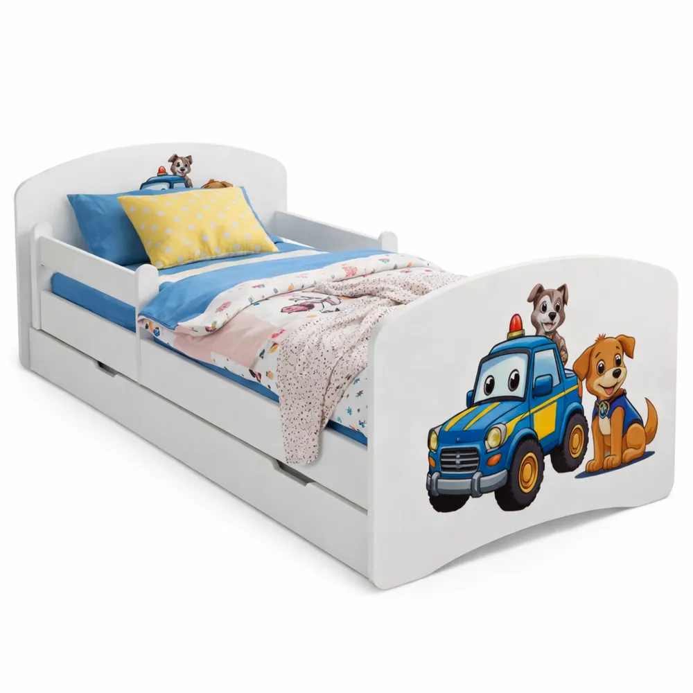 Lit enfant avec barrière et rangement, 140 x 70 cm, motif chien