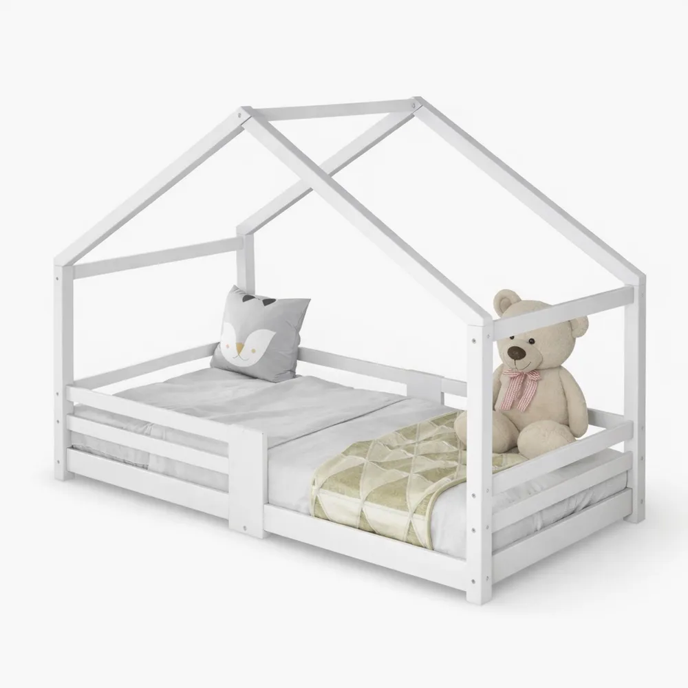 Lit cabane enfant avec barrière de sécurité, cadre en bois 90x200cm