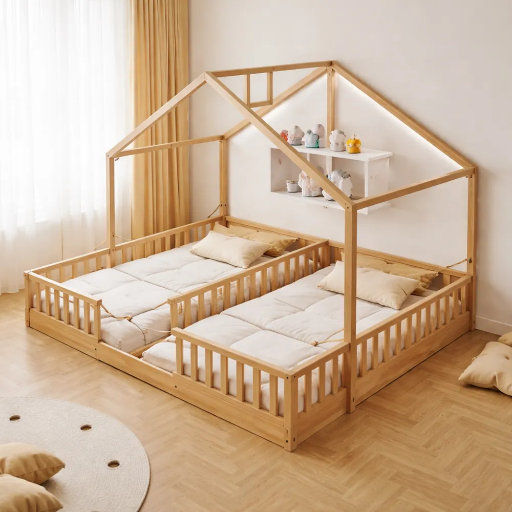 Lit cabane enfant 90 x 200 cm avec LED et étagères