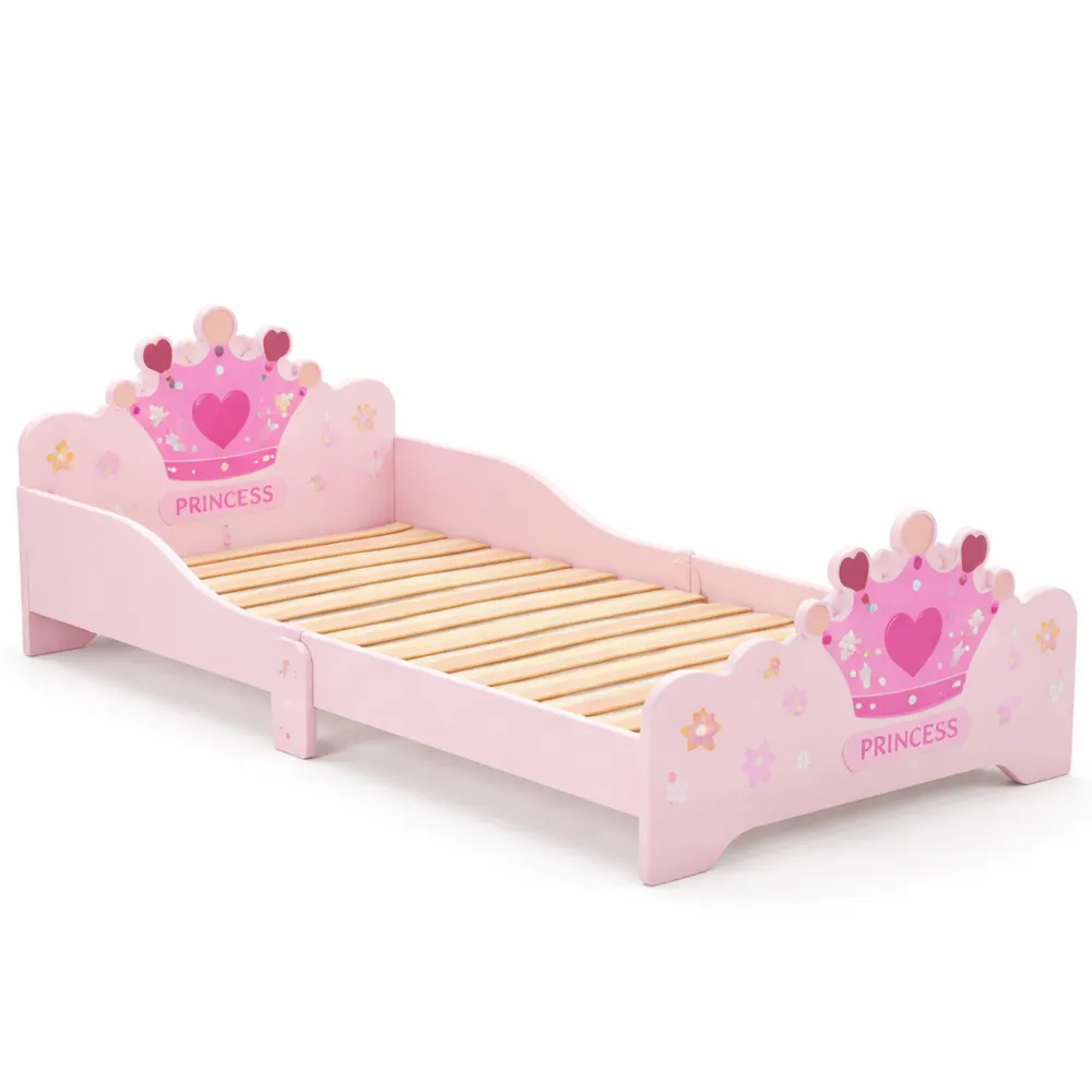 Lit d'enfant Rose avec Motif Couronne et Sommier Inclus