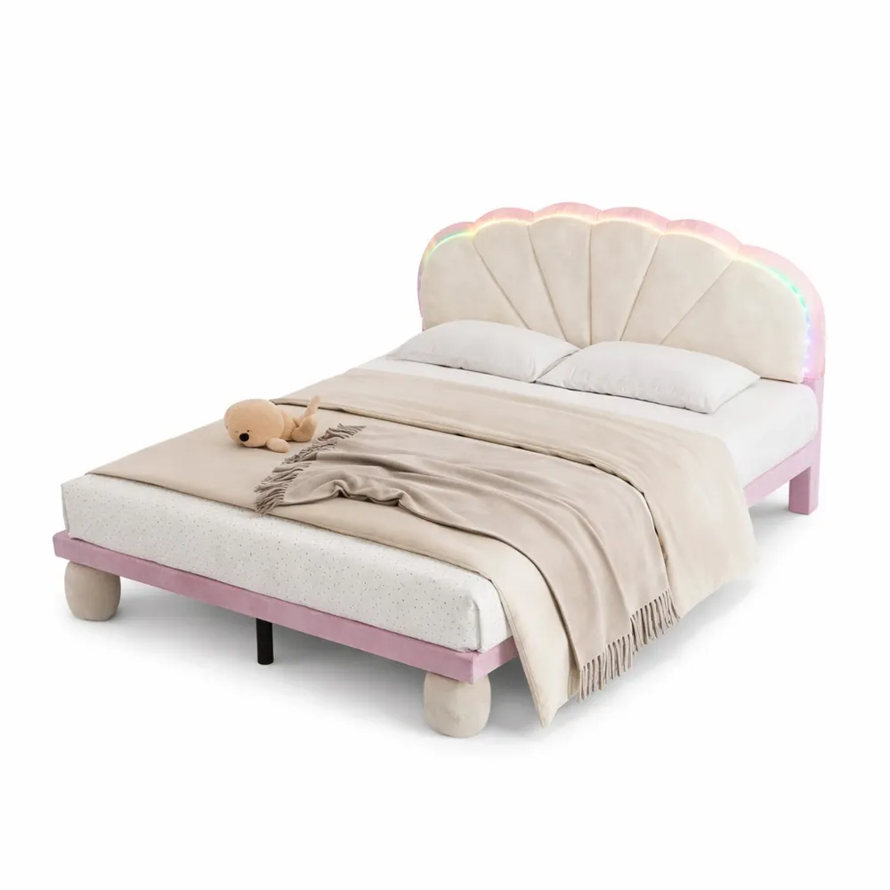 Cadre de Lit Double avec Tête Ondulée et Éclairage LED, pour Adolescents