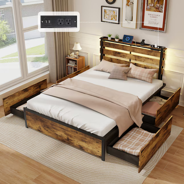 Rustic Brown Metal Bed Frame Storage with Headboard