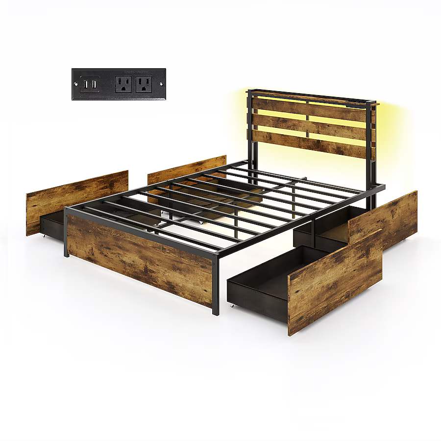 Rustic Brown Metal Bed Frame Storage with Headboard