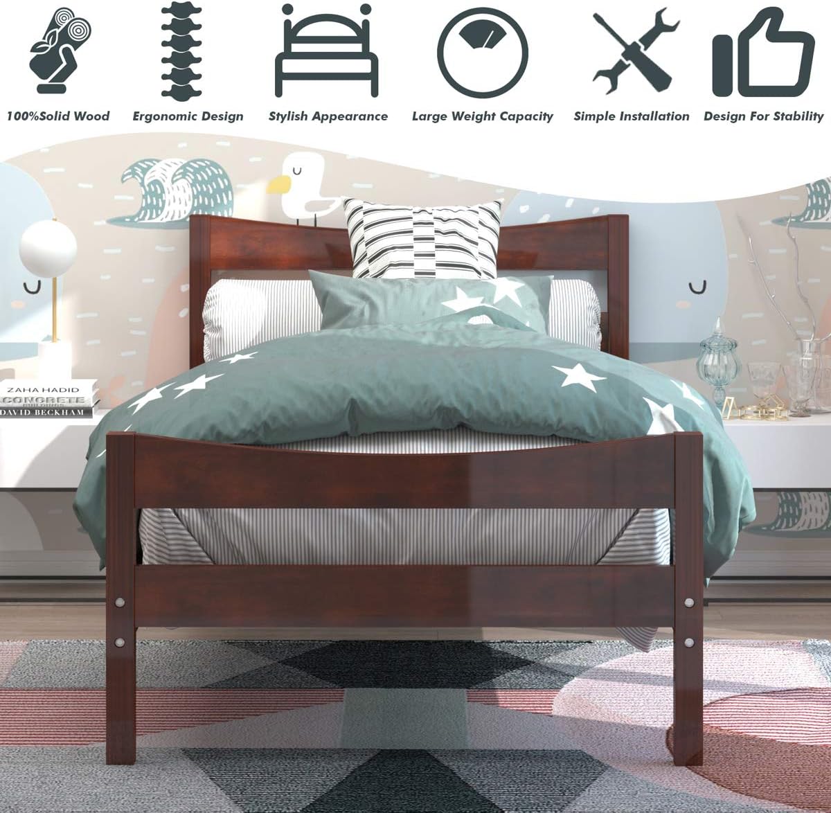 Dark Brown Wood Bed Frame with Headboard