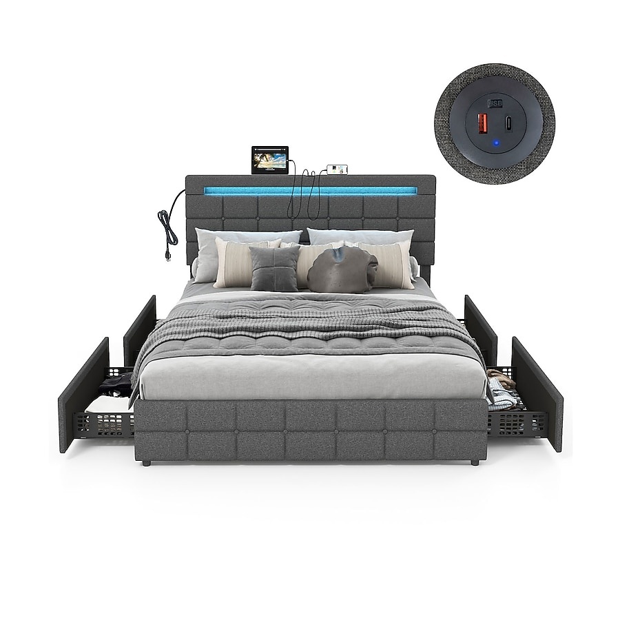 Gray Wood Tufted Bed Frame Storage with Headboard