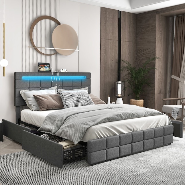 Gray Wood Tufted Bed Frame Storage with Headboard