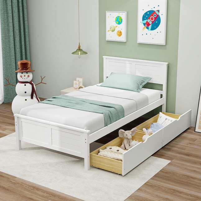 White Wood Bed Frame Storage with Headboard