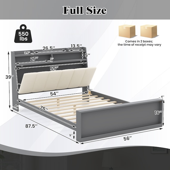 Full Grey Wood Tufted Bed Frame Storage with Headboard