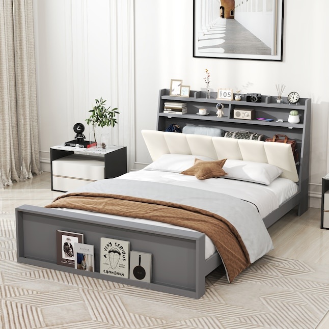 Full Grey Wood Tufted Bed Frame Storage with Headboard