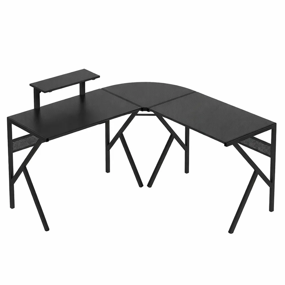 Bureau d'angle en L pour gamer avec plateau en fibre de carbone, support écran et porte-accessoires, noir