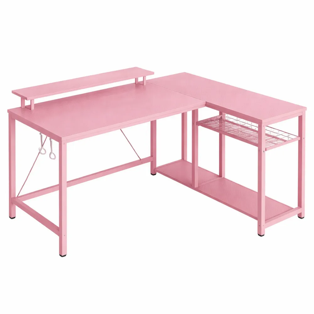 Bureau d'angle gaming avec LED et USB, étagère intégrée, réversible, couleur rose