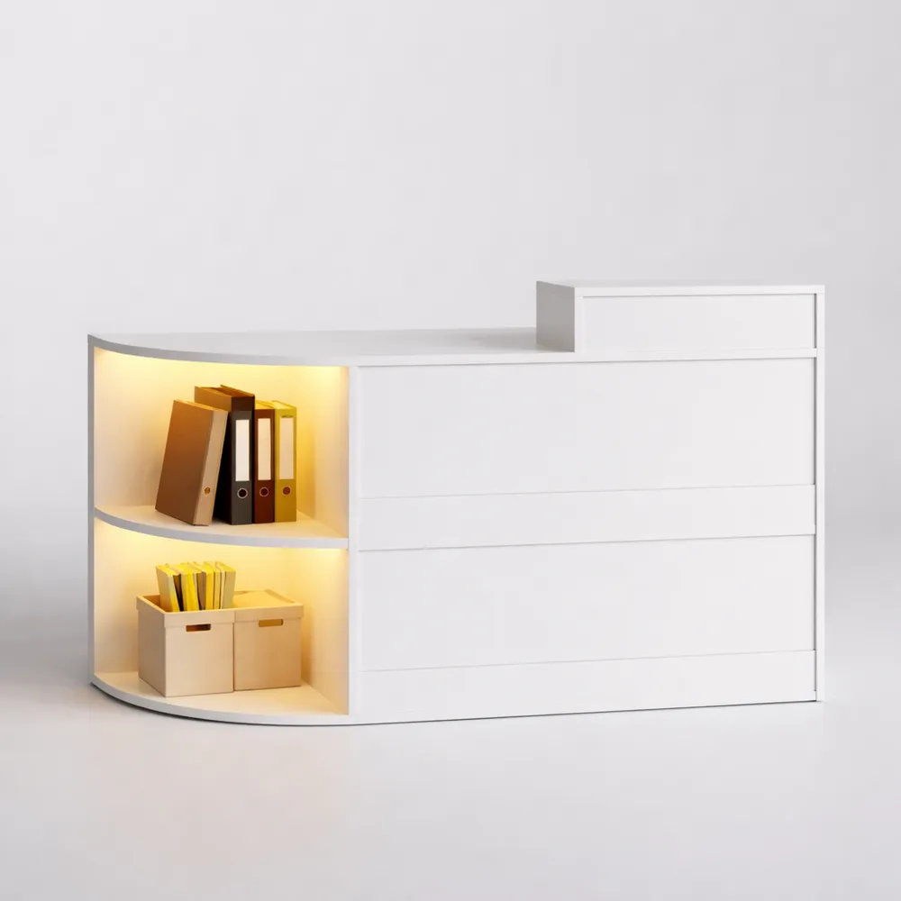 Comptoir d'accueil moderne avec éclairage LED et rangement intégré