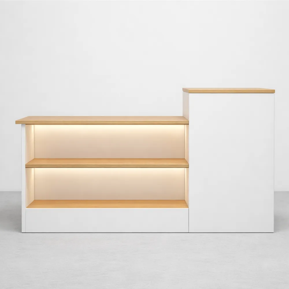 Comptoir d'accueil avec rangement et présentoir ouvert en bois 140 cm