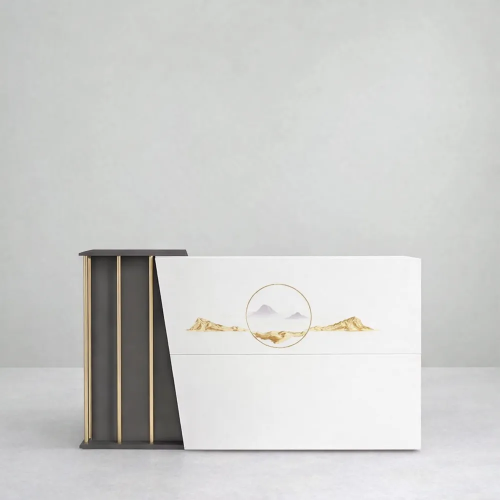 Comptoir d'accueil polyvalent avec tiroirs et espaces de rangement, 140 cm