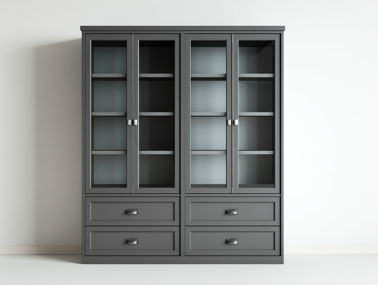 Estantería de madera con 4 puertas de vidrio y 4 cajones 180x45x200 cm - gris - vitrina de almacenamiento - diseño moderno-Luxeuplab