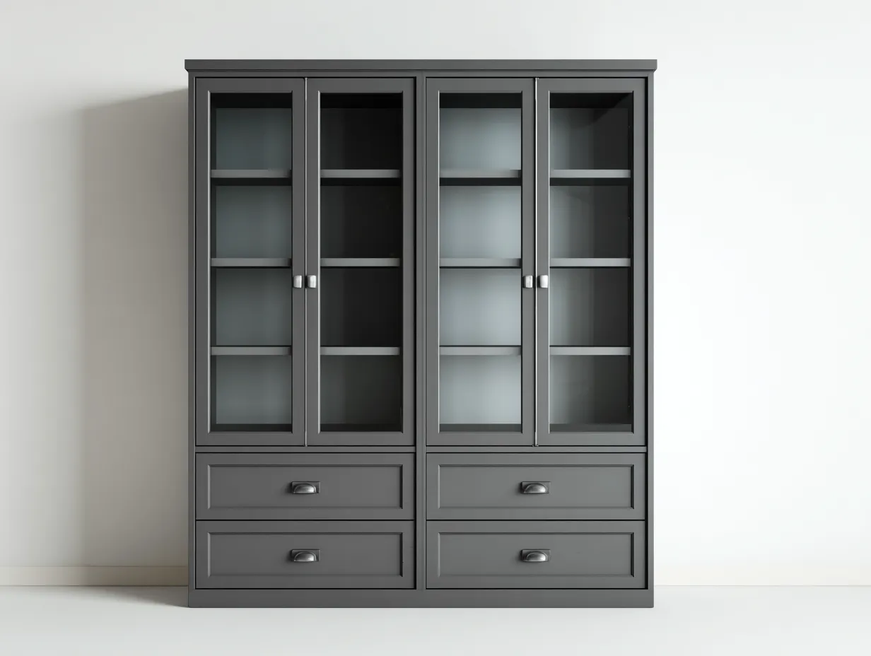 Estantería de madera con 4 puertas de vidrio y 4 cajones 180x45x200 cm - gris - vitrina de almacenamiento - diseño moderno-Luxeuplab