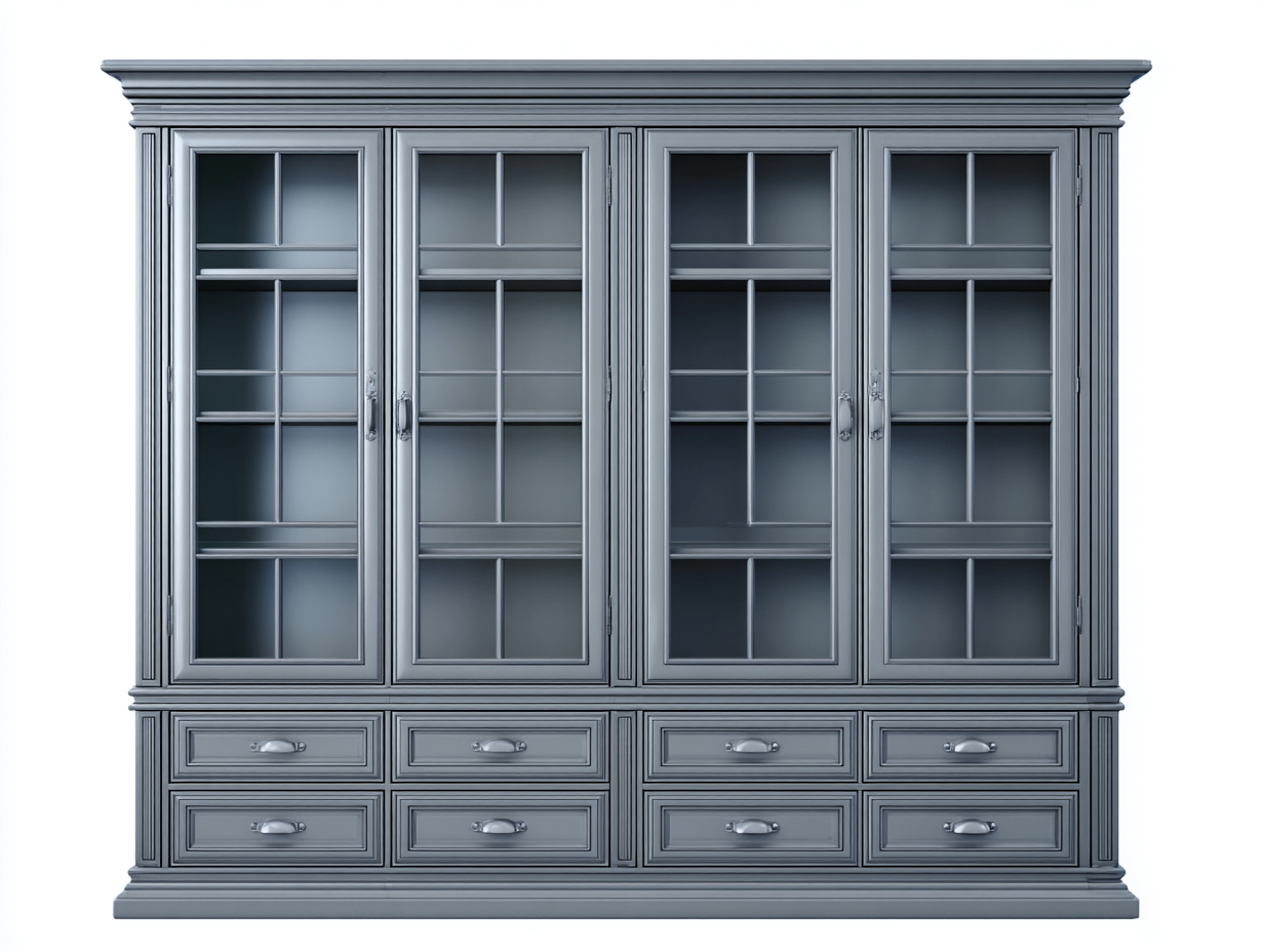 Estantería de madera con 4 puertas de vidrio y 8 cajones 220x50x210 cm - gris - vitrina de almacenamiento - diseño clásico-Luxeuplab