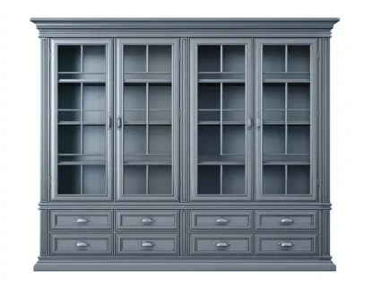 Estantería de madera con 4 puertas de vidrio y 8 cajones 220x50x210 cm - gris - vitrina de almacenamiento - diseño clásico-Luxeuplab