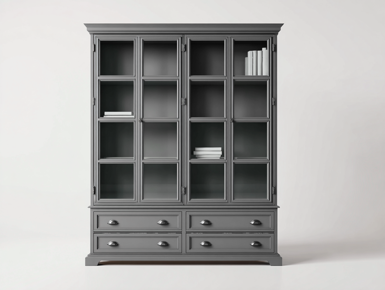 Estantería de madera con 4 puertas de vidrio y 4 cajones 180x45x200 cm - gris - vitrina de almacenamiento - diseño clásico-Luxeuplab