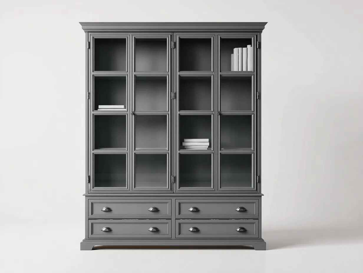 Estantería de madera con 4 puertas de vidrio y 4 cajones 180x45x200 cm - gris - vitrina de almacenamiento - diseño clásico-Luxeuplab