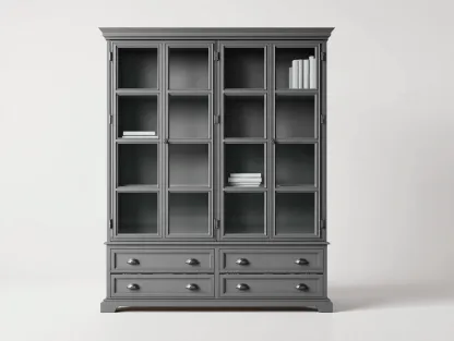 Estantería de madera con 4 puertas de vidrio y 4 cajones 180x45x200 cm - gris - vitrina de almacenamiento - diseño clásico-Luxeuplab