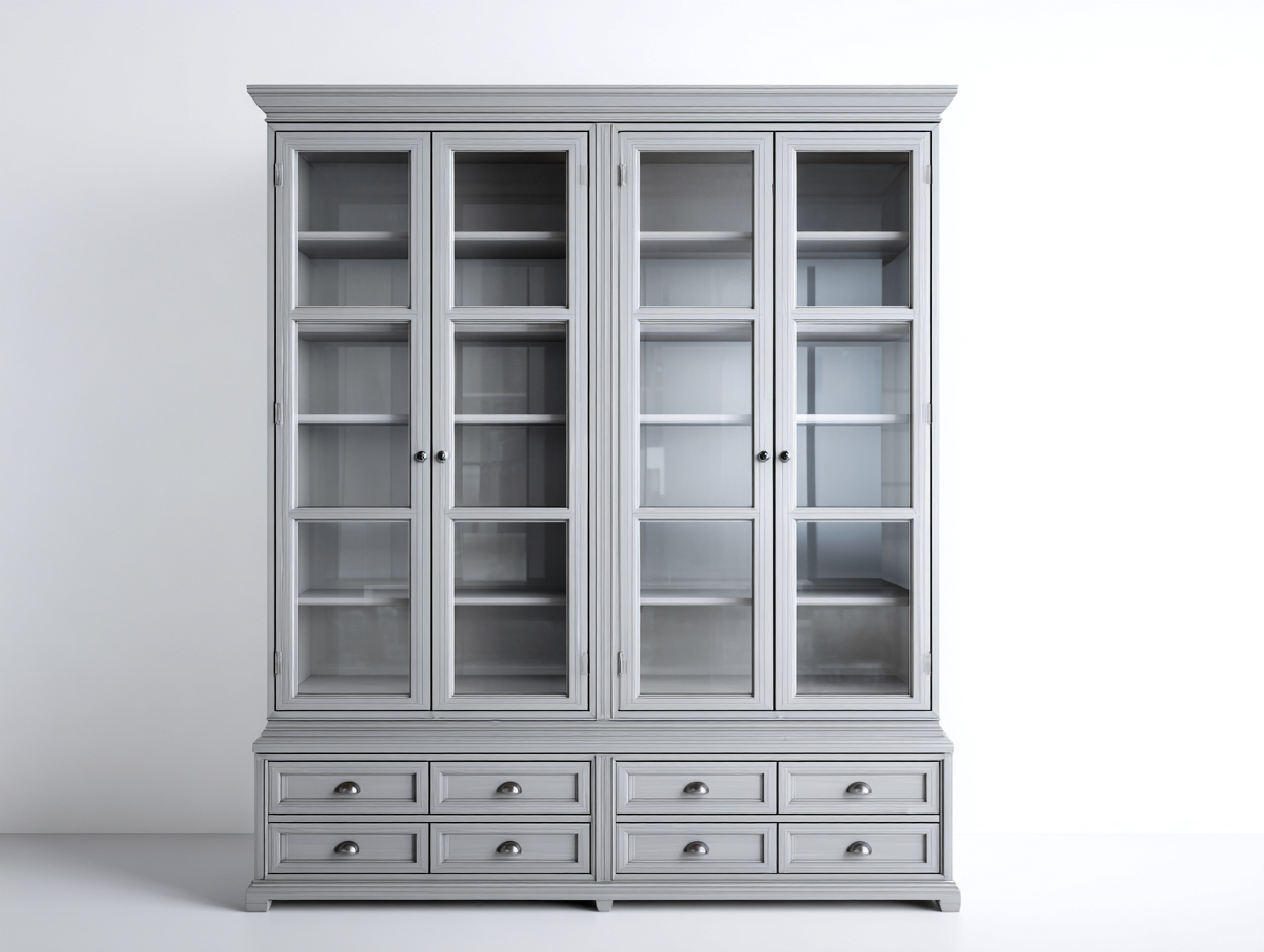 Estantería de madera con puertas de vidrio y cajones 210x45x220 cm - gris claro - diseño clásico para salón-Luxeuplab