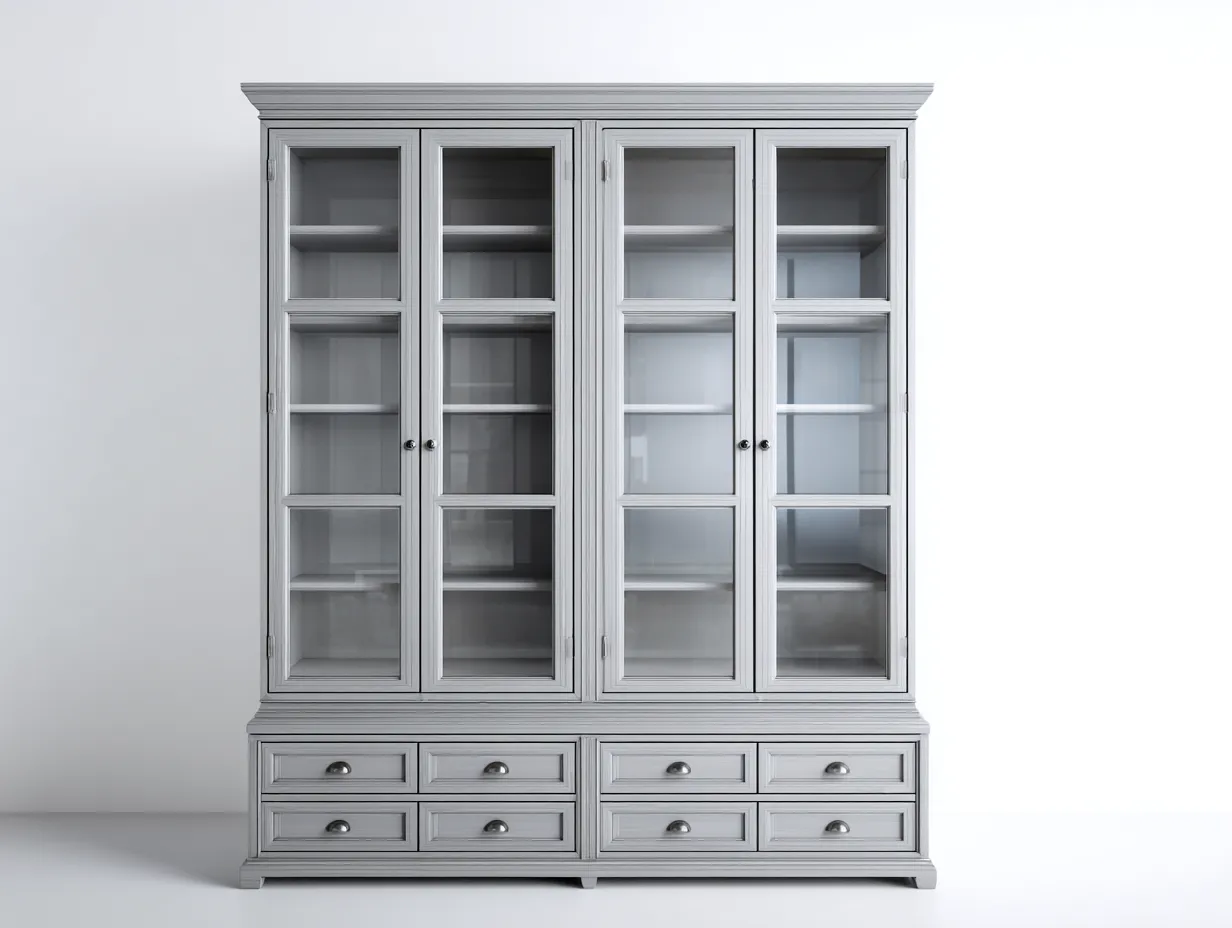 Estantería de madera con puertas de vidrio y cajones 210x45x220 cm - gris claro - diseño clásico para salón-Luxeuplab