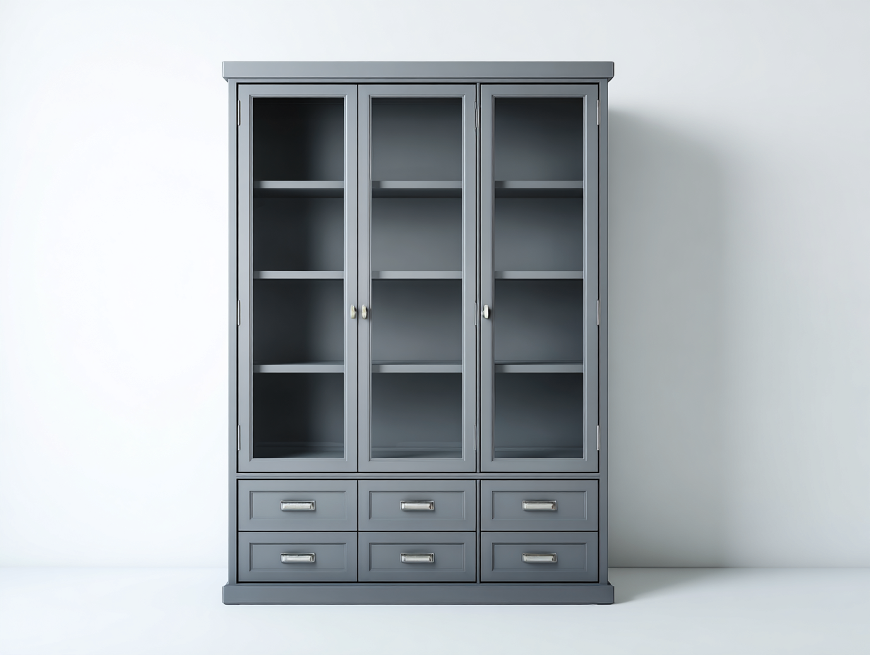 Estanterías con 3 puertas de vidrio y 6 cajones 140x40x200 cm - Gris - Estilo moderno para salón-Luxeuplab