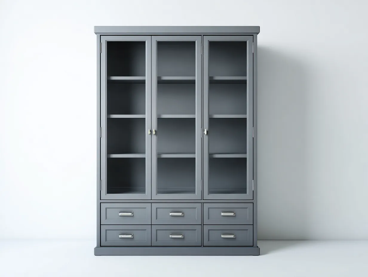 Estanterías con 3 puertas de vidrio y 6 cajones 140x40x200 cm - Gris - Estilo moderno para salón-Luxeuplab