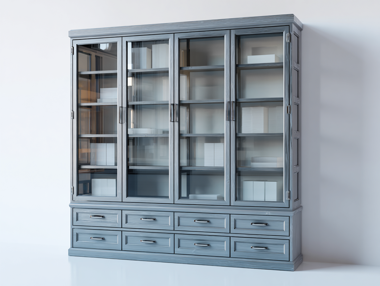 Estanterías con puertas de vidrio y cajones 200x45x210 cm - estructura de madera - gris - diseño clásico funcional-Luxeuplab