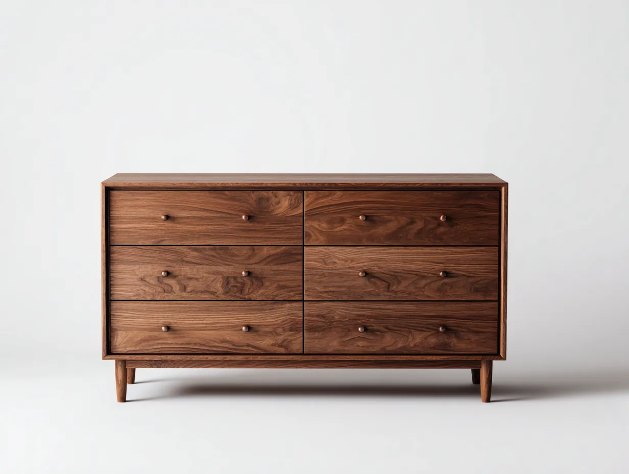 Kommode mit Schubladen-Holz-Walnuss-132 x 46 x 81 cm-Walnussbraun Mid-Century Stil-Bamboogetlab