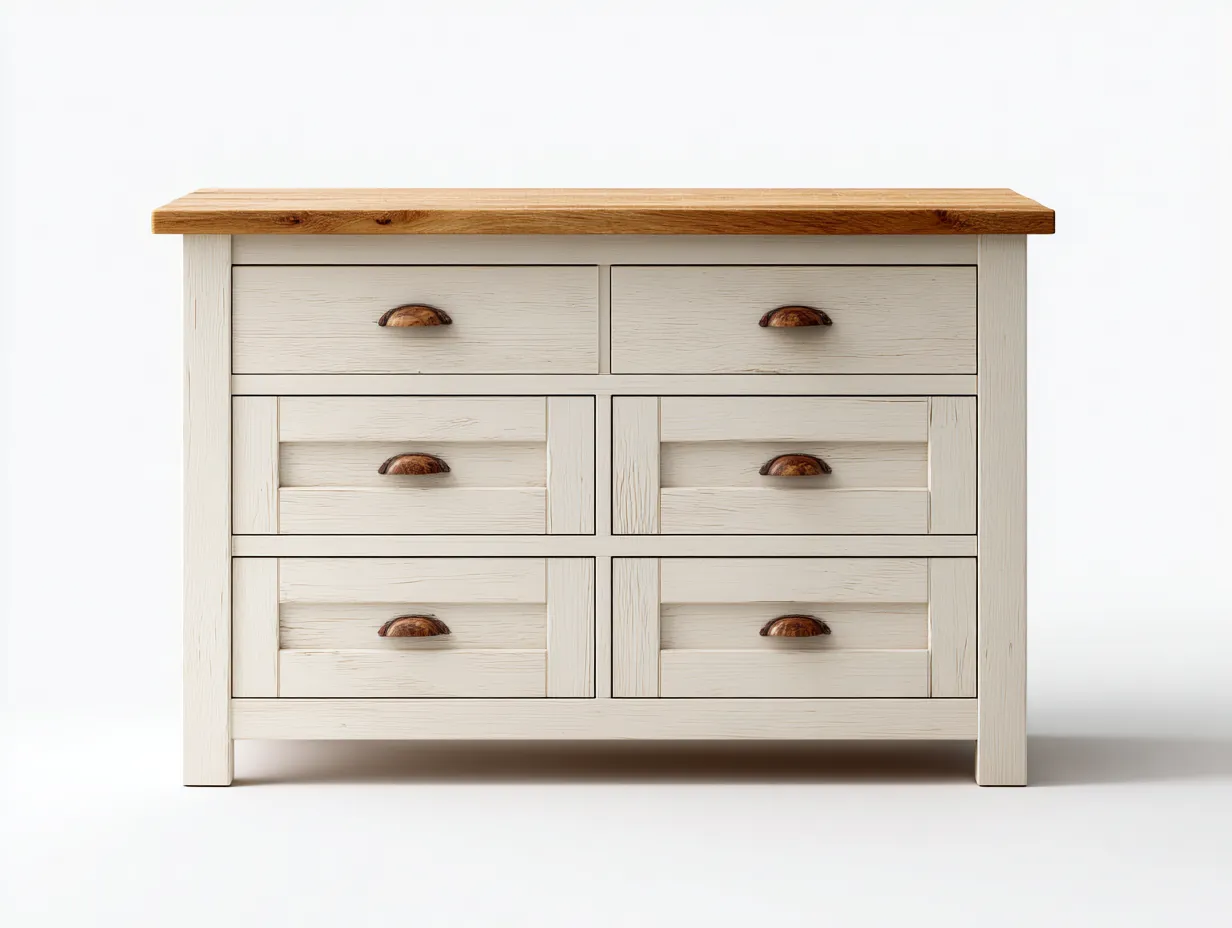 Kommode mit Schubladen-Holz-Eiche-110 x 45 x 82 cm-Cremeweiß-Eiche Landhausstil-Bamboogetlab