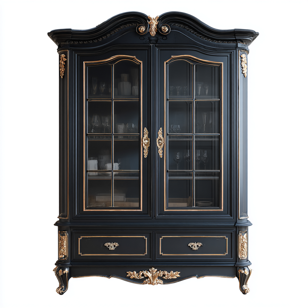 Armadietti da cucina-legno-vetro-118x46x208 cm-nero-oro-stile classico-Nestgetly