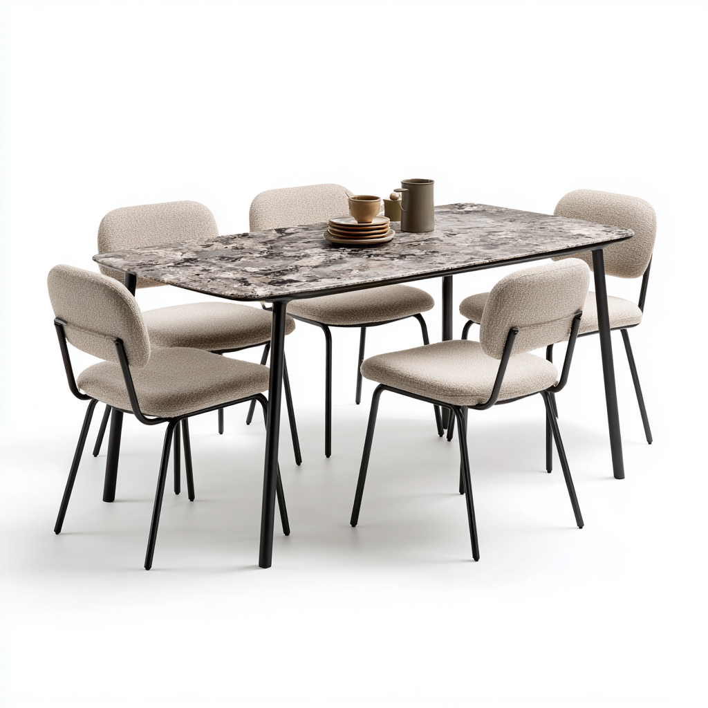 Tavolo e sedie - Marmo-Metallo-Tessuto - 160x90x75 cm - Grigio-Beige-Nero - Stile moderno-Nestgetly