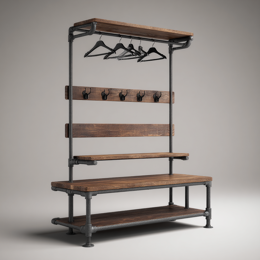 Attaccapanni-metallo-legno-110x40x180 cm-marrone-nero-industriale-Nestgetly